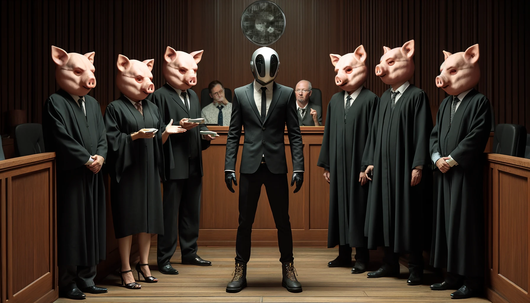 ddd826d0-1060-11ef-b837-75832108e4e1-DALLE-2024-05-12-15.05.13---In-a-courtroom-a-humanoid-robot-stands-trial-flanked-by-three-judges-wearing-suits-and-distinctive-elongated-pig-like-masks-covering-their-heads.-T