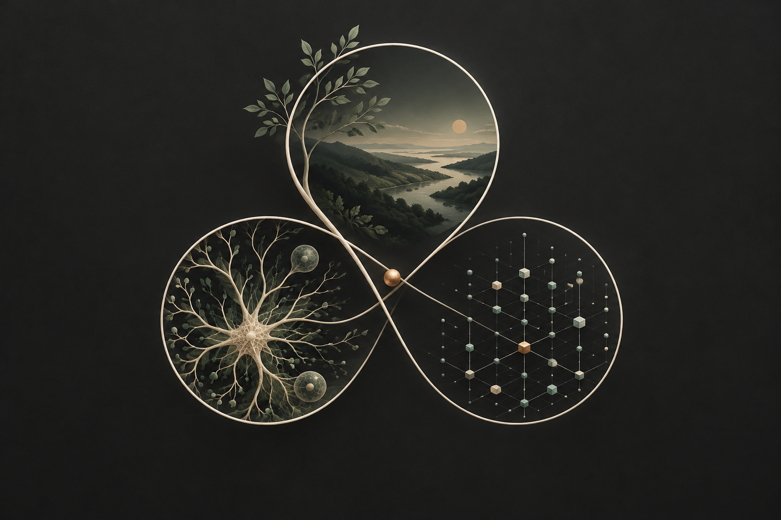 Three interconnected loops representing biological cognition, artificial intelligence and ecosystems.
